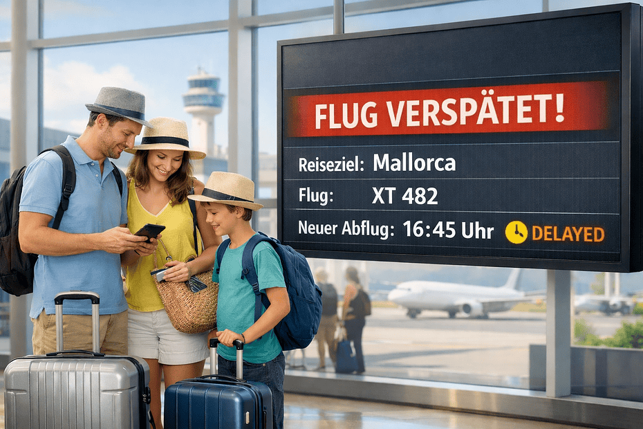 Familie am Flughafen mit Gepäck, die auf eine Anzeige schaut, die eine Verspätung ihres Fluges nach Mallorca anzeigt, während sie auf ihre Abflugzeit warten.